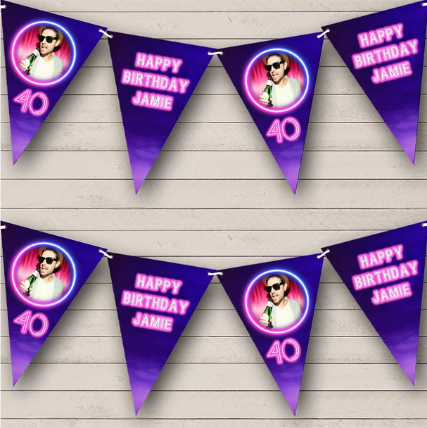 80'S Theme Neon Disco Pink Age Photo Birthday Personalised Banner Bunting