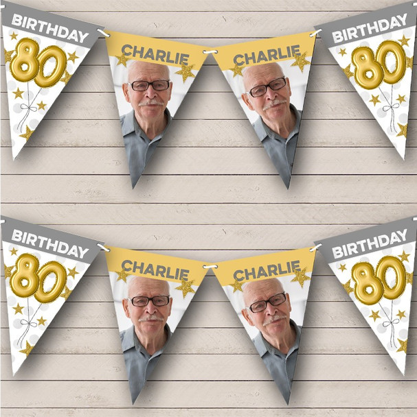80th Birthday Balloons Photo Gold Grey Stars Personalised Party Banner Bunting