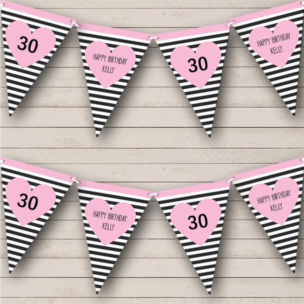 Black White Stripes Pink Heart Birthday Any Age Personalised Banner Bunting