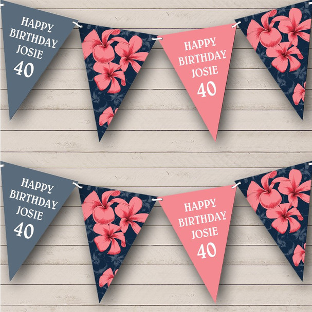 Blue Pink Flowers Hawaii Pattern Birthday Age Personalised Party Banner Bunting