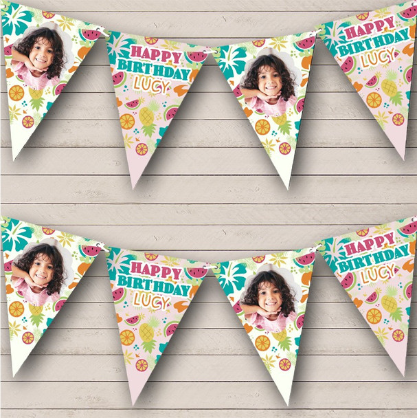 Colourful Floral Hawaiian Fruit Photo Birthday Personalised Banner Bunting