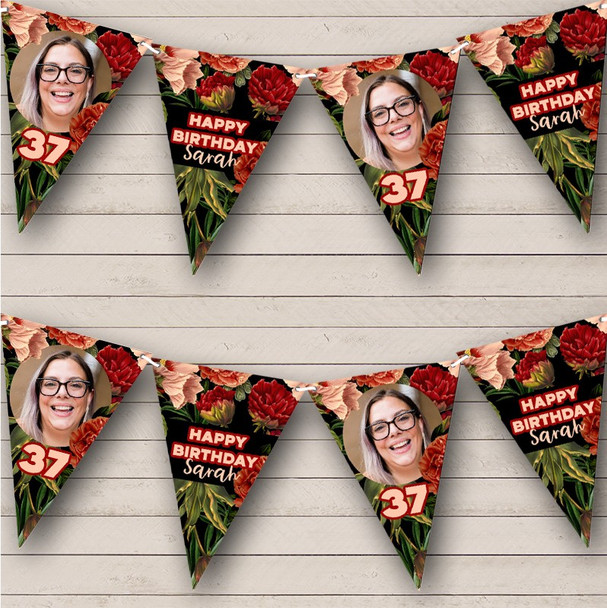 Dark Botanical Birthday Red Flowers Age Photo Personalised Party Banner Bunting