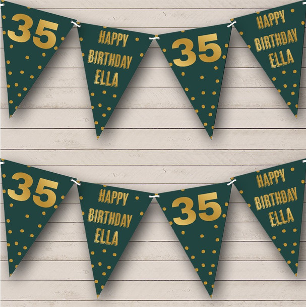 Dark Green Gold Polka Dot Happy Birthday Age Personalised Party Banner Bunting