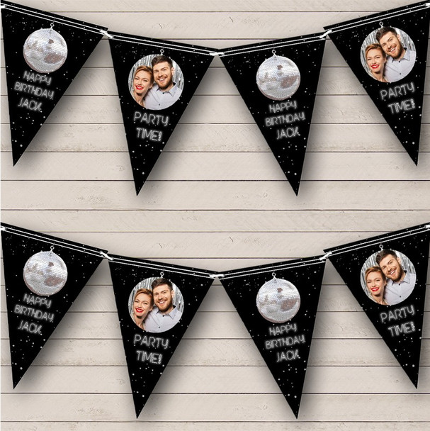 Disco Theme Neon Black & Silver Photo Birthday Personalised Banner Bunting