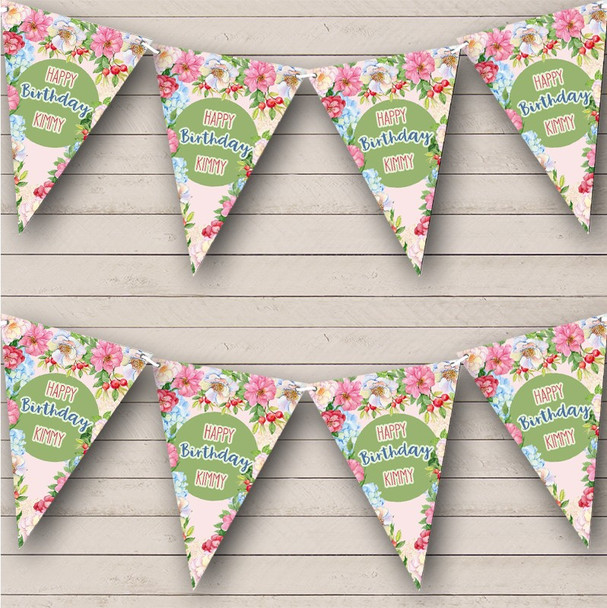 Happy Birthday Colourful Vintage Style Flowers Personalised Party Banner Bunting