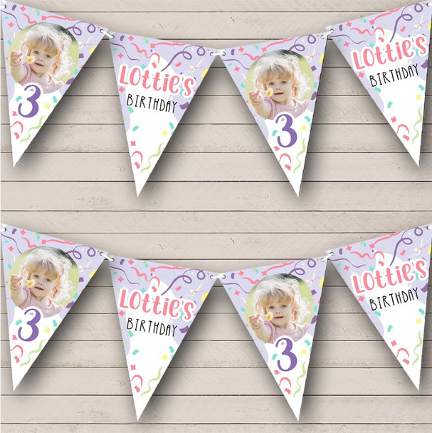 Party Pink Purple Confetti Photo Age Birthday Personalised Party Banner Bunting