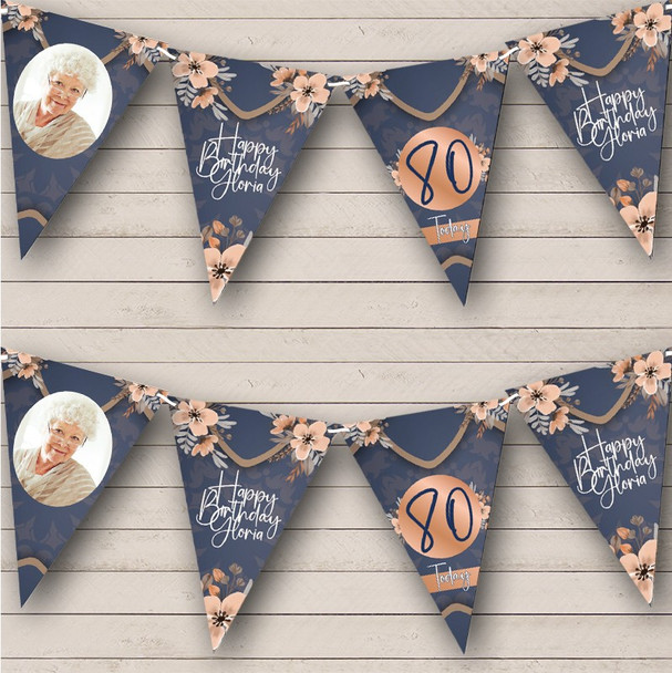 Rose Gold Blue Flowers Birthday Milestone Photo Personalised Banner Bunting