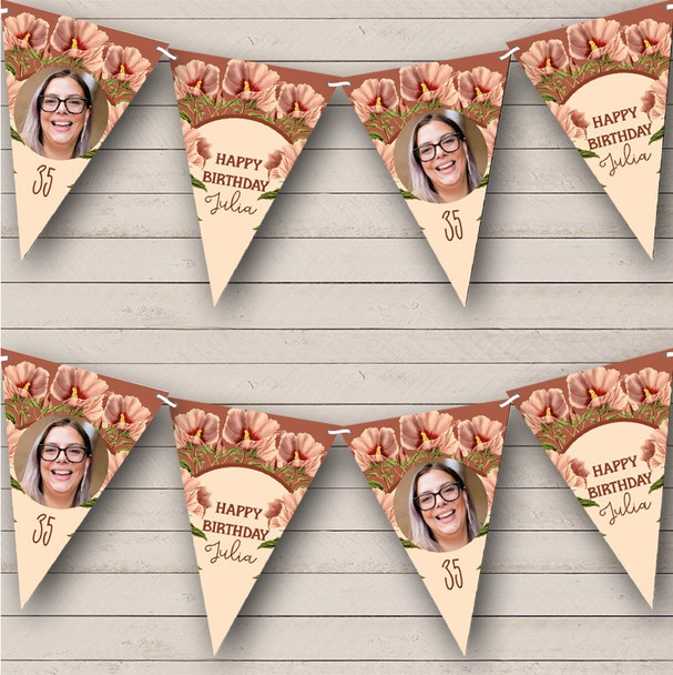 Vintage Dusky Florals Pink Birthday Photo Personalised Party Banner Bunting