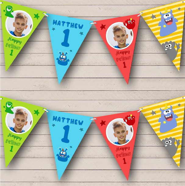 1st Birthday Boy Monster Bright Photo Stars Any Age Personalised Banner Bunting