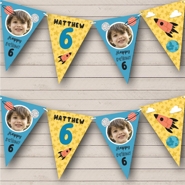 6th Birthday Boy Out Of Space Stars Yellow Photo Any Age Personalised Bunting