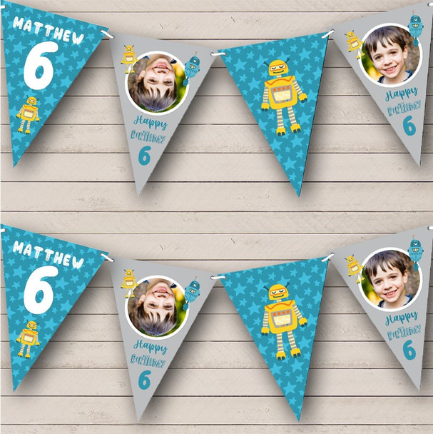 6th Birthday Boy Robot Photo Blue Stars Any Age Personalised Banner Bunting