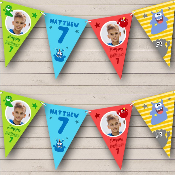 7th Birthday Boy Monster Bright Photo Stars Any Age Personalised Banner Bunting