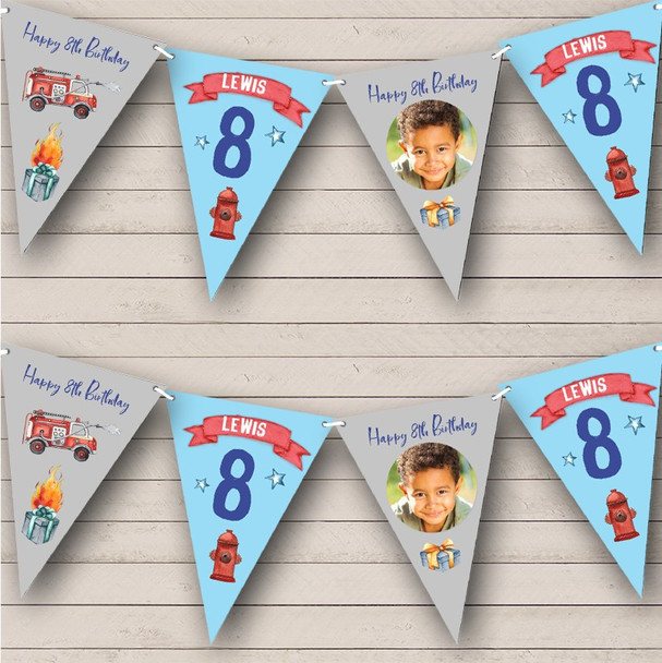 8th Birthday Boy Kids Fire Fighter Fire Truck Photo Any Age Personalised Bunting