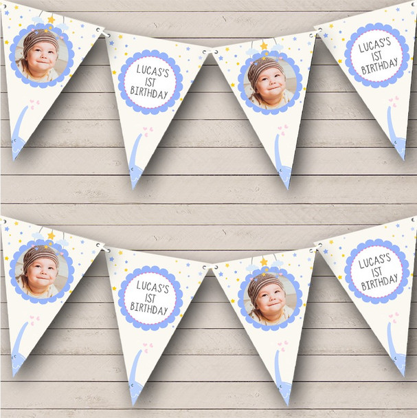 Baby Boy First Birthday Cute Elephant Pastel Photo Personalised Banner Bunting