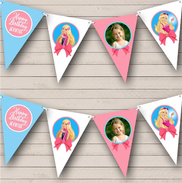 Barbie Doll Birthday Photo Pink & Blue Personalised Party Banner Bunting