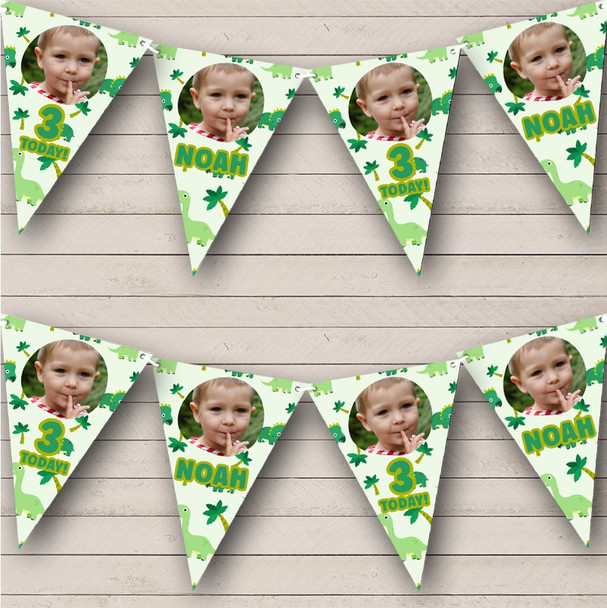 Cute Green Dinosaur Kids Birthday Photo Age Personalised Party Banner Bunting