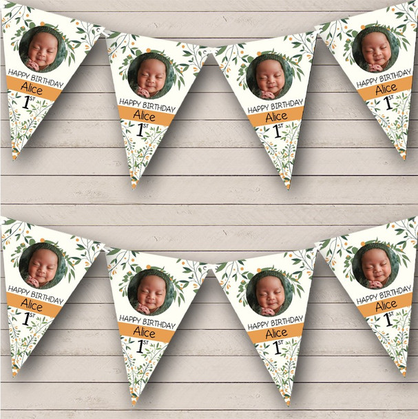 Green Orange Floral 1st Birthday Photo Banner Personalised Party Banner Bunting