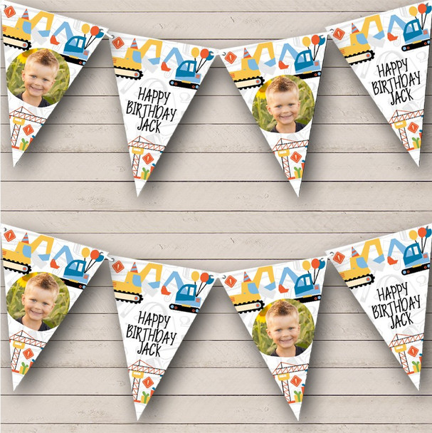 Orange Blue Diggers Cranes Kids Birthday Photo Personalised Party Banner Bunting