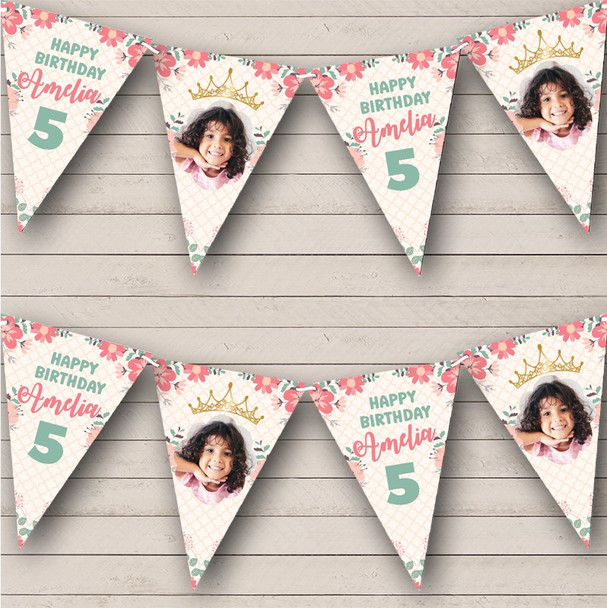 Pink Birthday Princess Crown Photo Age Personalised Party Banner Bunting