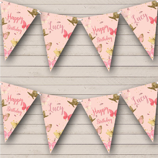 Pink Gold Butterflies Happy Birthday Personalised Party Banner Bunting