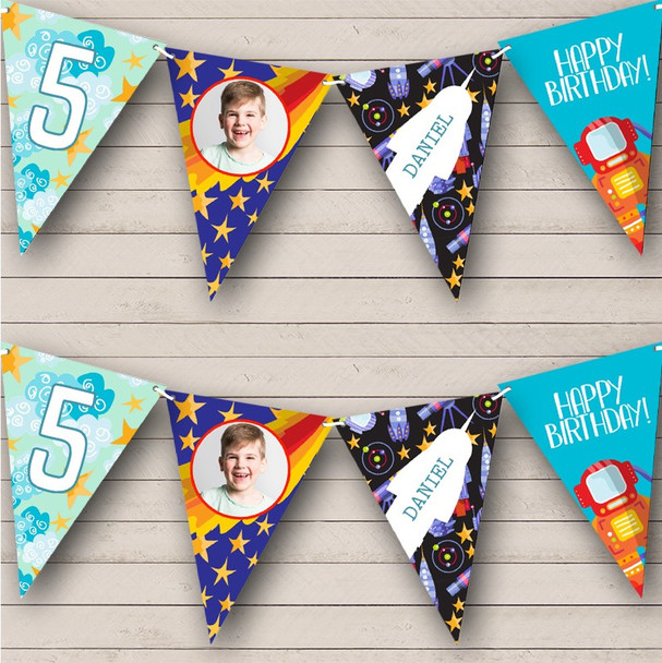 Space Rocket Fun Kids Birthday Photo Age Personalised Party Banner Bunting