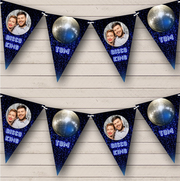 Theme King Disco Ball Blue Birthday Photo Personalised Banner Bunting