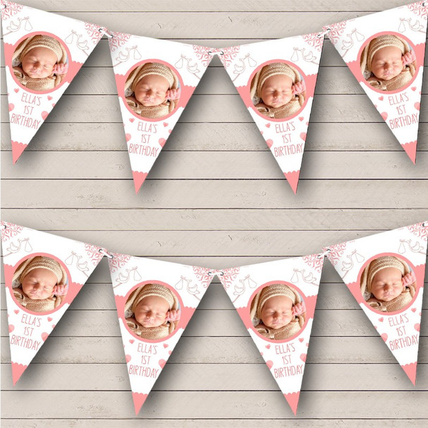 White Pink Stork Baby Girl Photo Birthday Personalised Party Banner Bunting