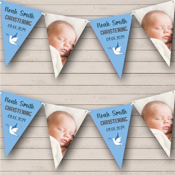 Christening Baby Boy Blue Dove Photo Personalised Party Banner Bunting