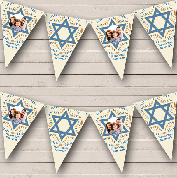 Happy Hanukkah Blue Cream Star Of David Photo Personalised Party Banner Bunting