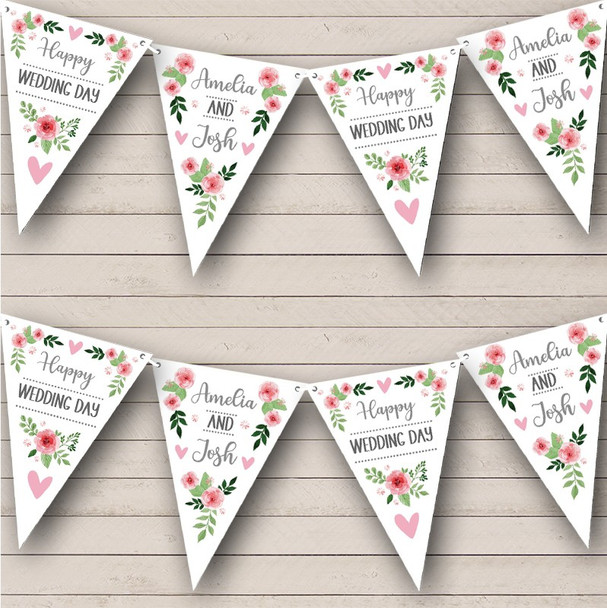 Wedding Day Pink Flowers Personalised Party Banner Bunting