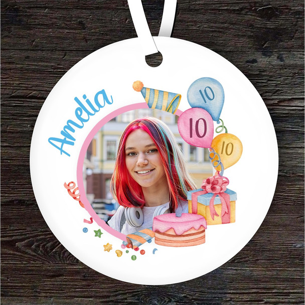 10th Birthday Photo Balloons Cake Gifts Round Personalised Gift Hanging Ornament