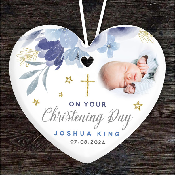 Christening Day Blue Cross Boy Photo Heart Personalised Gift Hanging Ornament