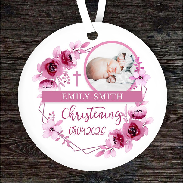 Christening Day Pink Girl Photo Round Personalised Gift Hanging Ornament
