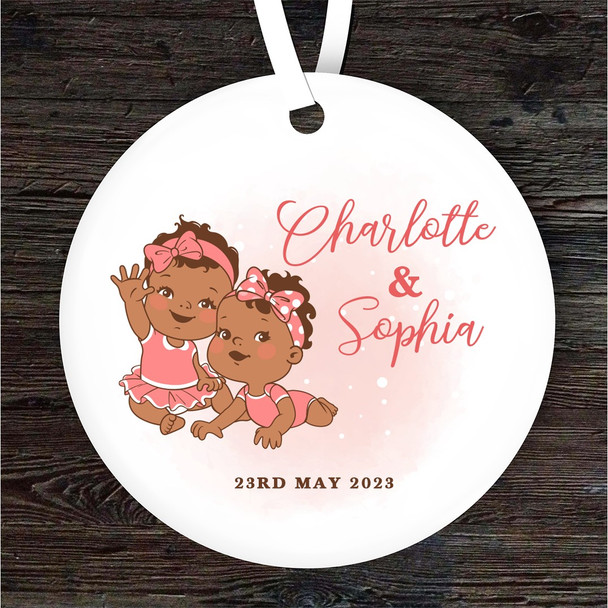 New Baby Girl Dark Skin Twins Round Personalised Gift Keepsake Hanging Ornament