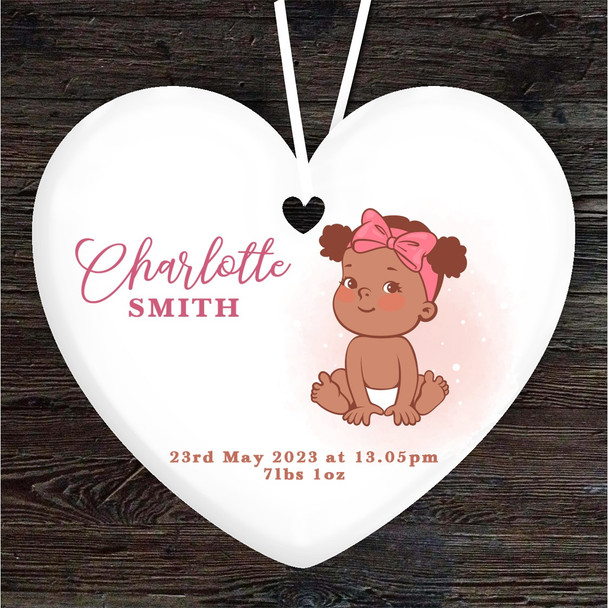 New Baby Girl Dark Skin Birth Details Heart Personalised Gift Hanging Ornament
