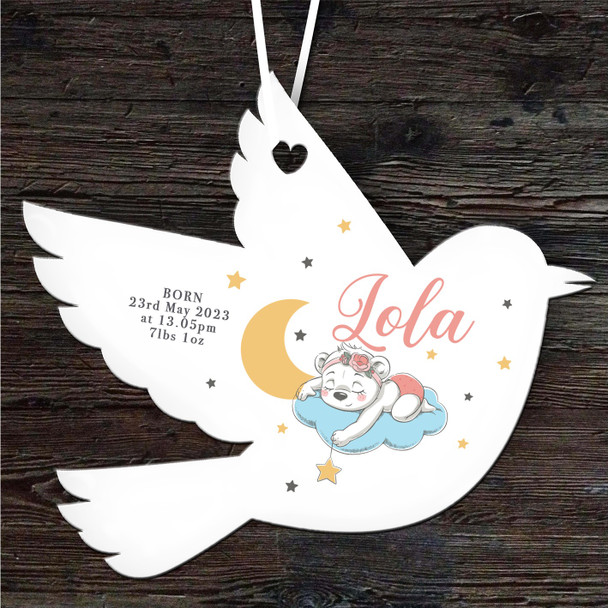 New Baby Girl Sleeping Bear Stars Moon Bird Personalised Gift Hanging Ornament