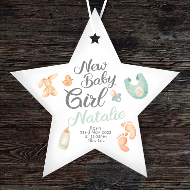 New Baby Girl Feet Bib Bottle Star Personalised Gift Keepsake Hanging Ornament