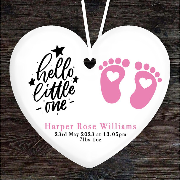 Hello New Baby Girl Pink Footprints Heart Personalised Gift Hanging Ornament