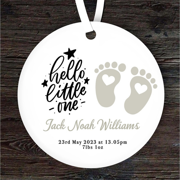 Hello New Baby Neutral Colour Footprints Personalised Gift Hanging Ornament