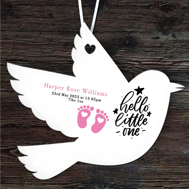 Hello New Baby Girl Pink Footprints Bird Personalised Gift Hanging Ornament