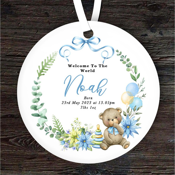 New Baby Blue Wreath Teddy Bear Personalised Gift Keepsake Hanging Ornament