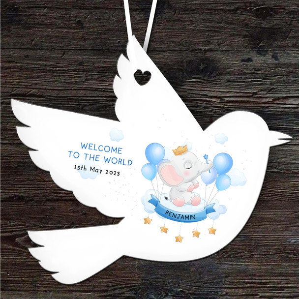 Welcome New Baby Boy Blue Elephant Bird Personalised Gift Hanging Ornament