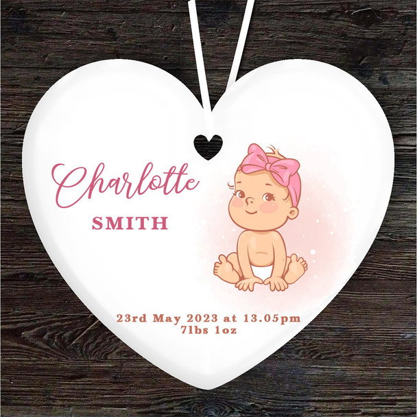 New Baby Girl Pink Birth Details Heart Personalised Gift Hanging Ornament