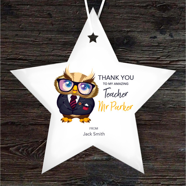 Thank You Teacher Owl With Glasses Star Personalised Gift Hanging Ornament