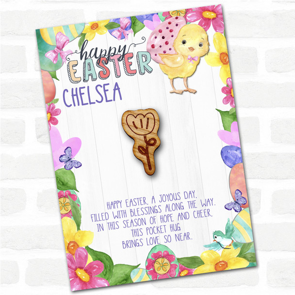 Single Tulip Happy Easter Chick Personalised Gift Pocket Hug