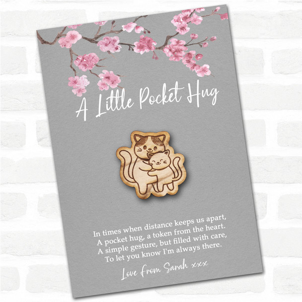 Two Cats Cuddling Grey Pink Blossom Personalised Gift Pocket Hug