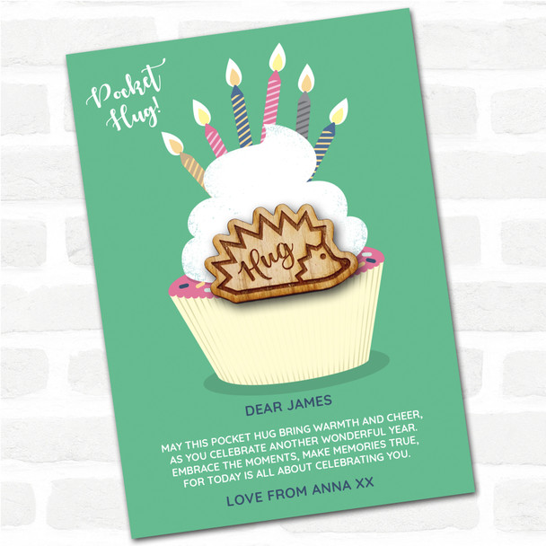 Hedgehog From Side Cupcake Happy Birthday Personalised Gift Pocket Hug