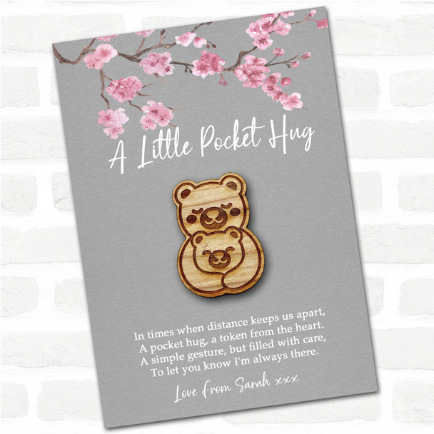 Parent and Baby Bear Grey Pink Blossom Personalised Gift Pocket Hug