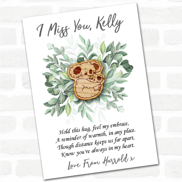 Parent Baby Koala Cuddling Green Leaves I Miss You Personalised Gift Pocket Hug