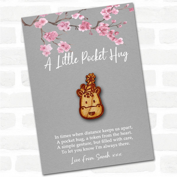 Giraffe In A Party Hat Grey Pink Blossom Personalised Gift Pocket Hug